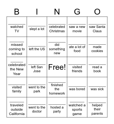 What did you do over spring break? Bingo Card
