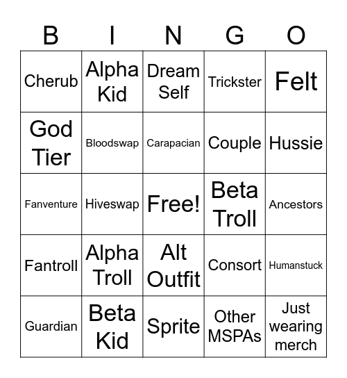 Homestuck Cosplayer Bingo Card