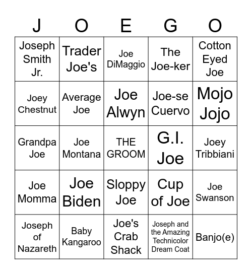 Joe Bingo Card