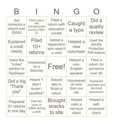 VITA Volunteer Tax Season Bingo Card