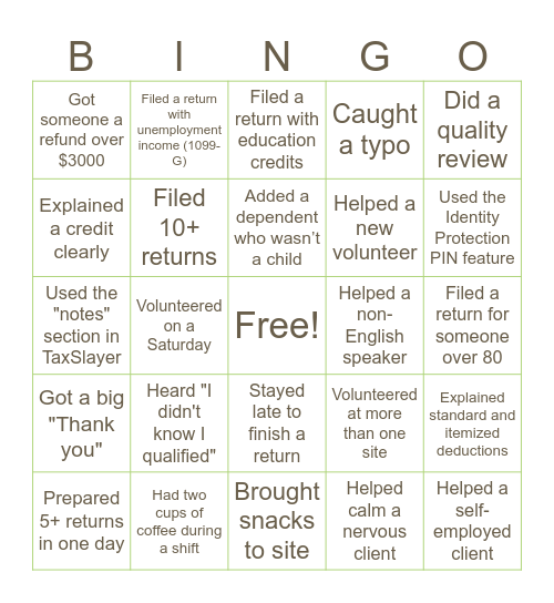 VITA Volunteer Tax Season Bingo Card
