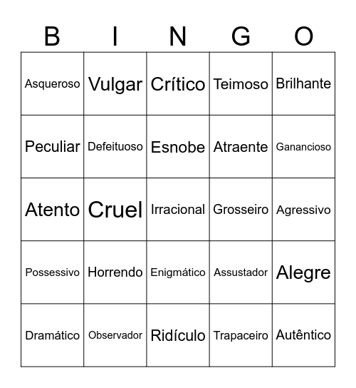 Adjetivos Bingo Card