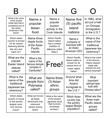 Asian American and Pacific Islander Heritage Month Bingo Card