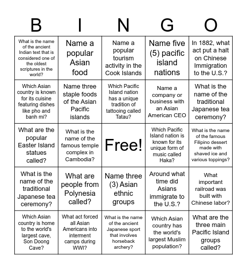 Asian American and Pacific Islander Heritage Month Bingo Card
