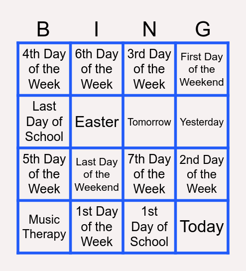 Days of the Week Bingo Card