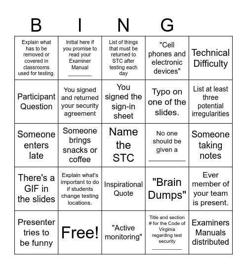 Testing In-Service Bingo Card