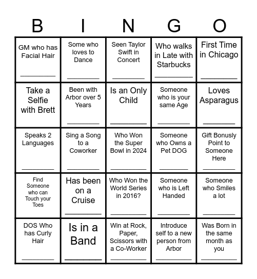 Arbor Lodging GM Summit Bingo Card