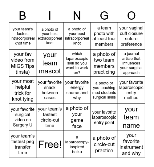 Laparoscopic Olympics BINGO 2025! Send us... Bingo Card