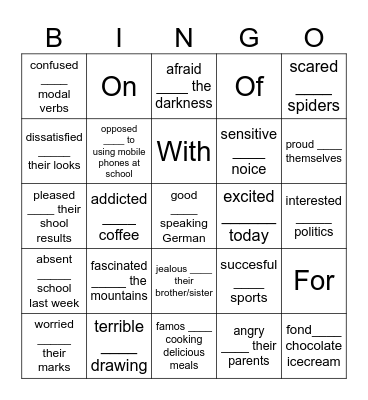 ADJECTIVES + PREPOSITIONS Bingo Card