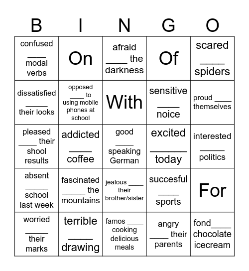 ADJECTIVES + PREPOSITIONS Bingo Card
