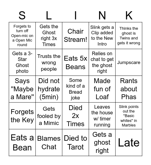 Slink Bingo 2.0 Bingo Card