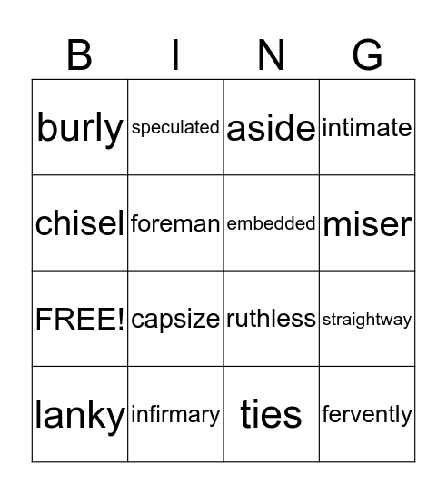 Reading Vocabulary List 6 Bingo Card