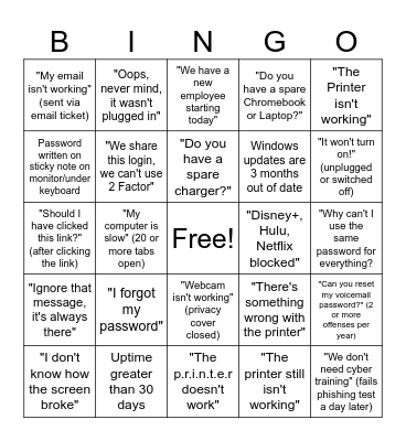 Technology Services BINGO Card