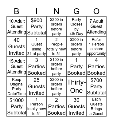 THIRTY-ONE Bingo Card
