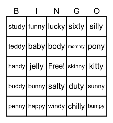 Lesson 74: y /ē/ At the end of two-syllable word Bingo Card