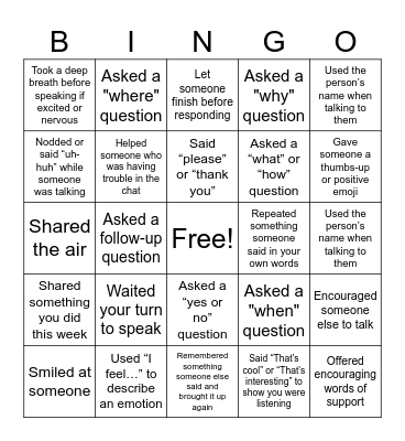Conversation Skills Bingo Card