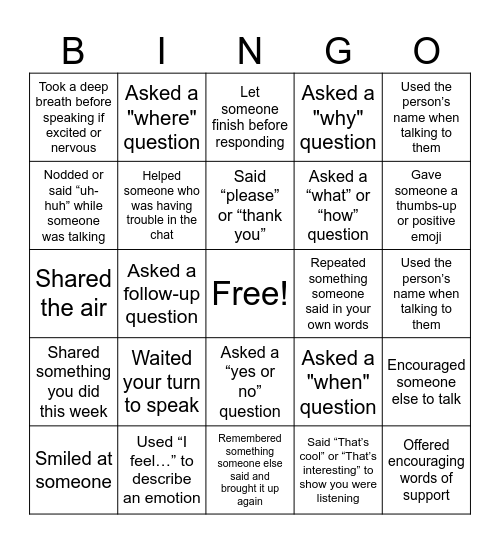 Conversation Skills Bingo Card