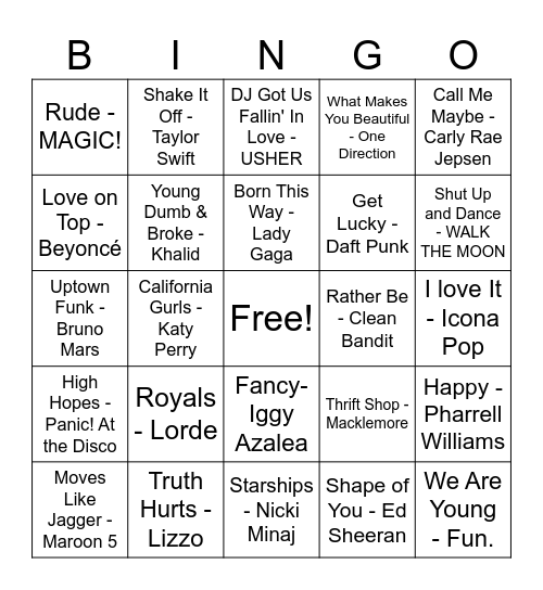 2010s Music Bingo Card