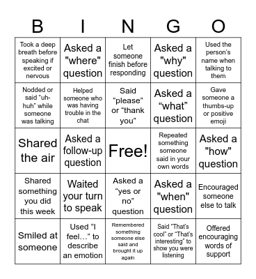 Conversation Skills Bingo Card