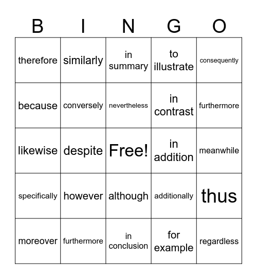 Linking Words Bingo Card