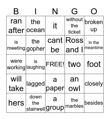 English Grammar Bingo Card