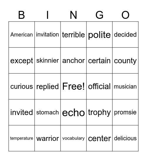 1R Vocabulary Words Bingo Card