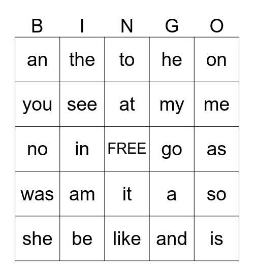 High Frequency Words Unit 1 Bingo Card