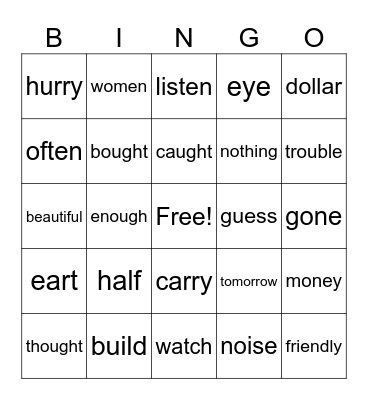 1B Tricky Words Bingo Card