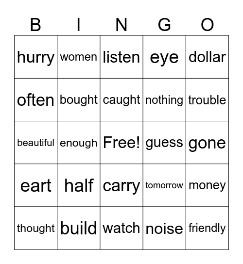 1B Tricky Words Bingo Card