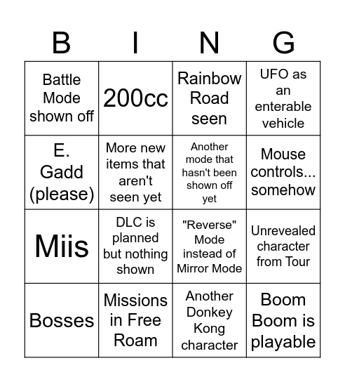 Mario Kart World direct Bingo Card