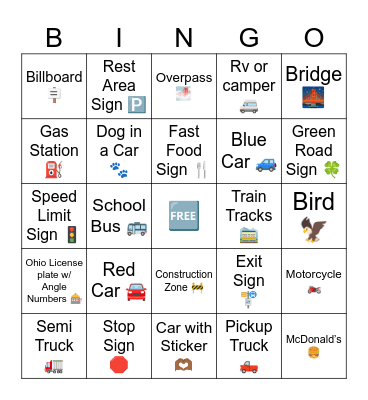 Roadtrip Bingo Card