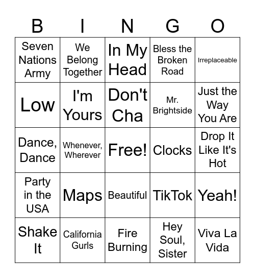Music Bingo 2000's Bingo Card