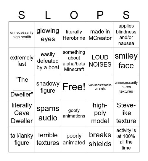 Bad Minecraft Horror Mods Bingo Card