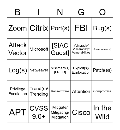 Statewide Cybersecurity Briefing Bingo Card