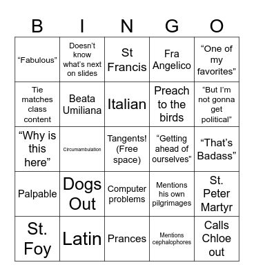Cult of Saints Bingo Card