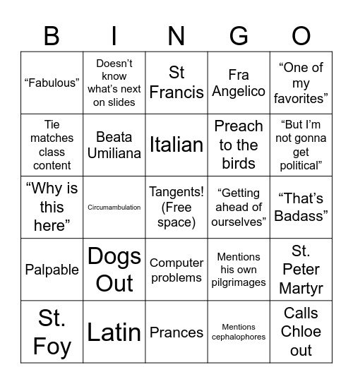 Cult of Saints Bingo Card