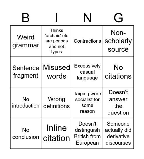 Essay Paper Marking Stuff Bingo Card