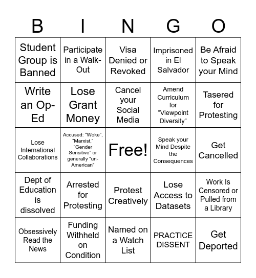 Action in Higher Education, 2025-???? Bingo Card