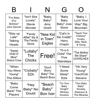 "Baby" Songs Bingo Card