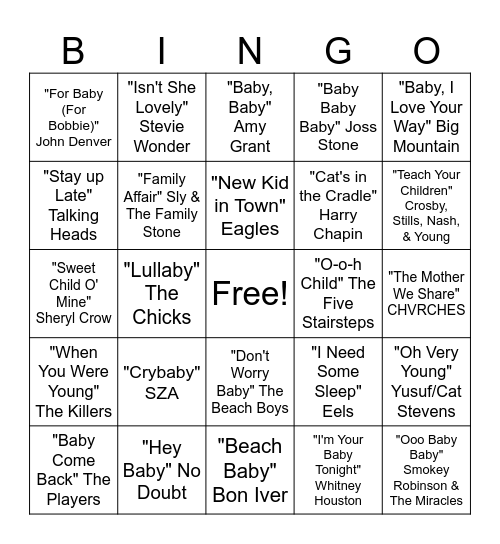 "Baby" Songs Bingo Card