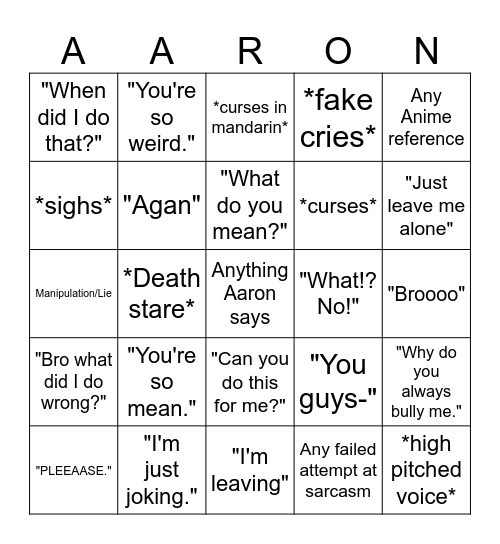 Aaron Bingo (Aesthetic Warning) Bingo Card
