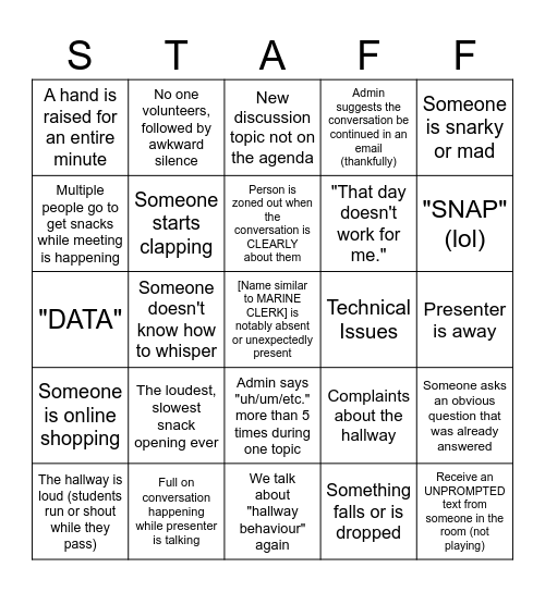 Staff Meeting Bingo Card