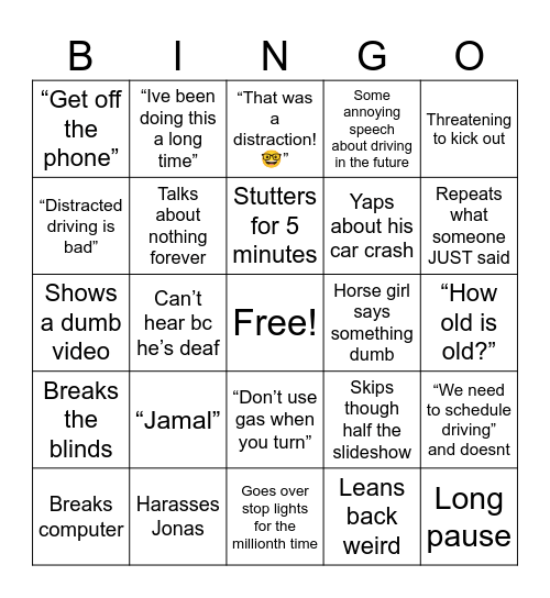 Drivers Ed Bingo Card