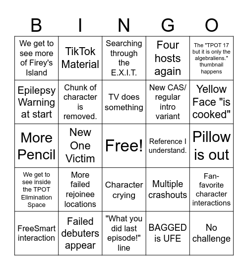 TPOT 17 Prediction Bingo Card