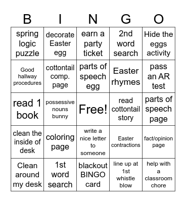 Easter Party Day Bingo Card