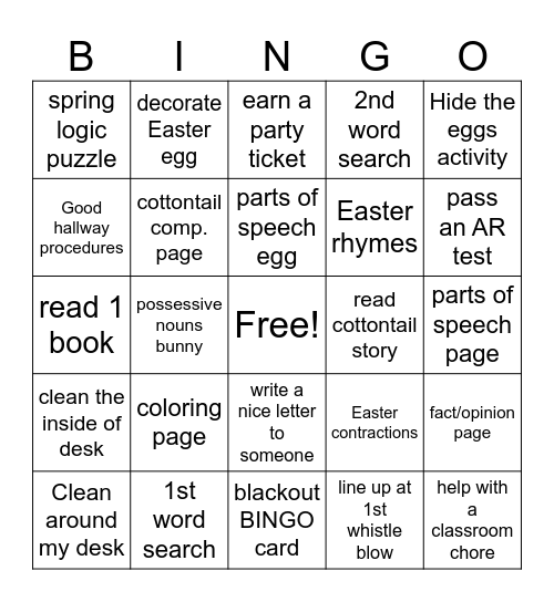 Easter Party Day Bingo Card