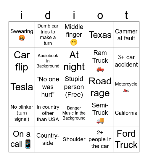 idiots in cars Bingo Card