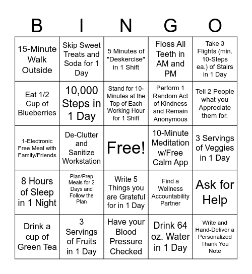 Wellness Bingo Card