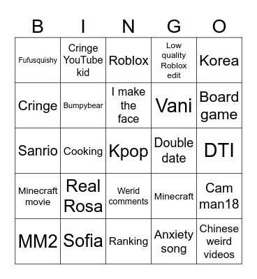 Youtube Shorts bingo Card