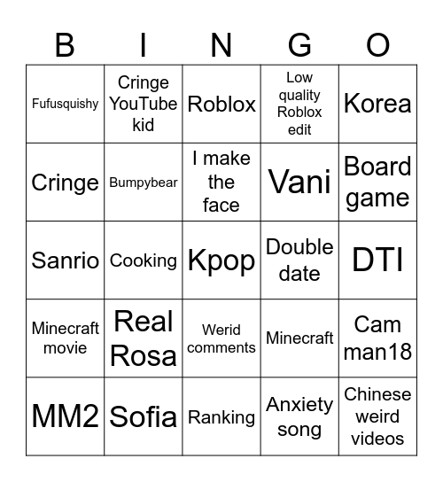 Youtube Shorts bingo Card